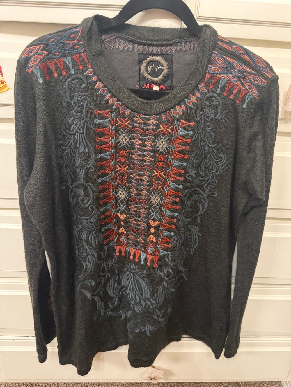 Johnny Was Charcoal Crewneck Sweater with Red & Blue Embroidery. Medium